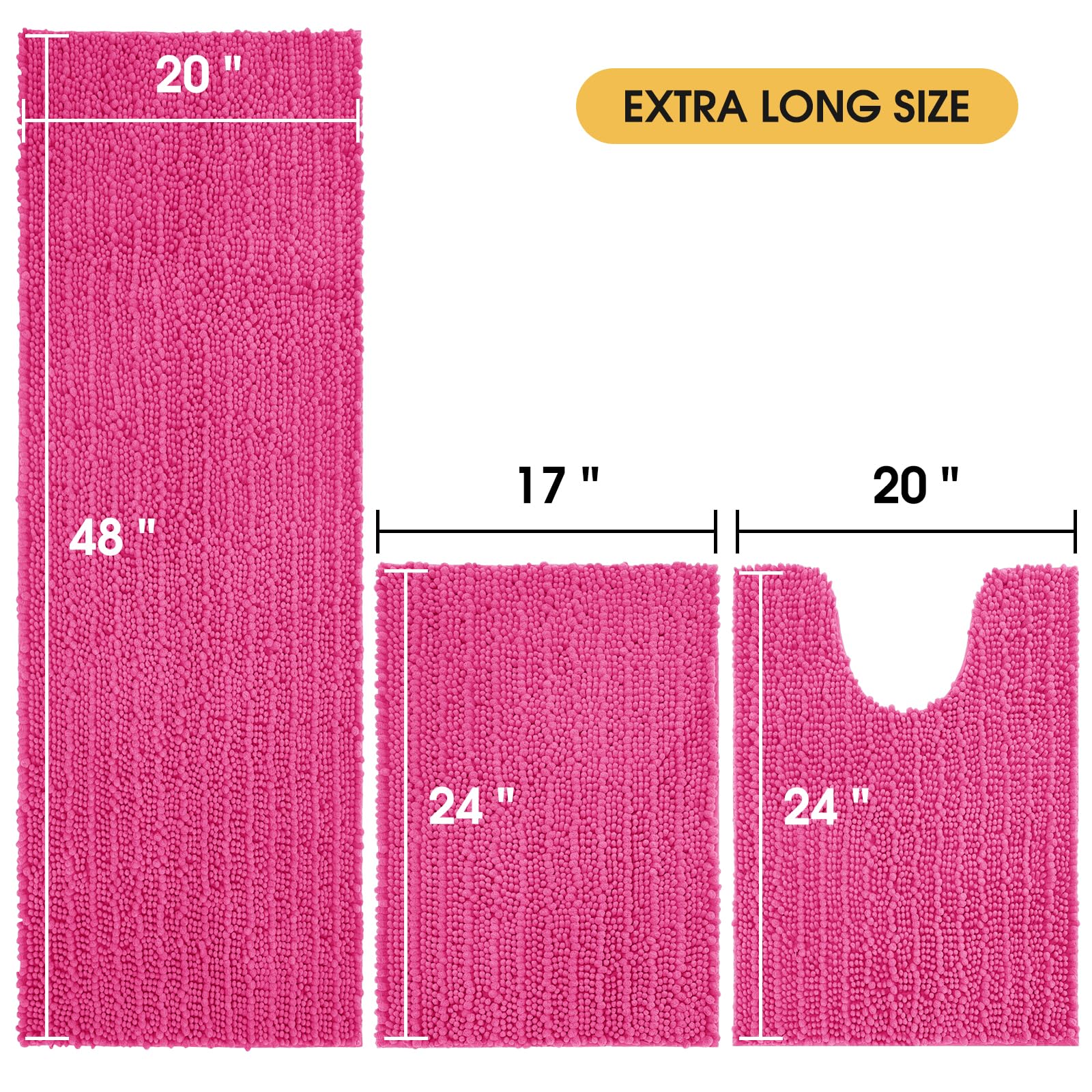 Accumtek Upgrade Extra Large Shiny Pink Bathroom Rug Set 3 Pieces Ultra Soft, Thick Absorbent Bath Mats, Non Slip Chenille Toile